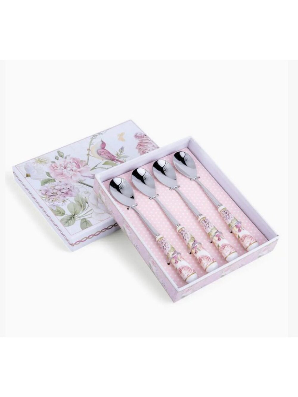 Coffee/Tea Spoon with Ceramic Handle Set of 4 in Gift Box (Birds in garden)